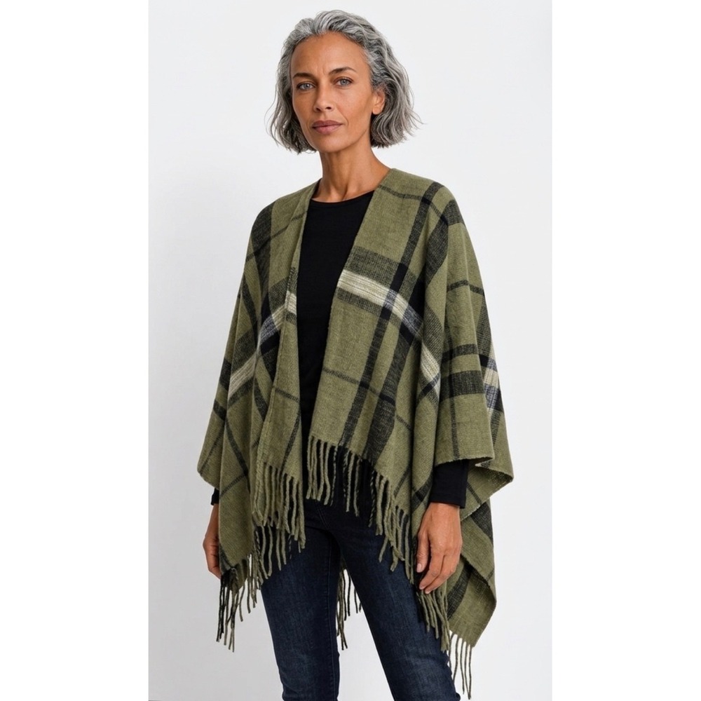 Unbranded Plaid Poncho Wrap Women OS Green Excellent Fringe Open Front Shawl